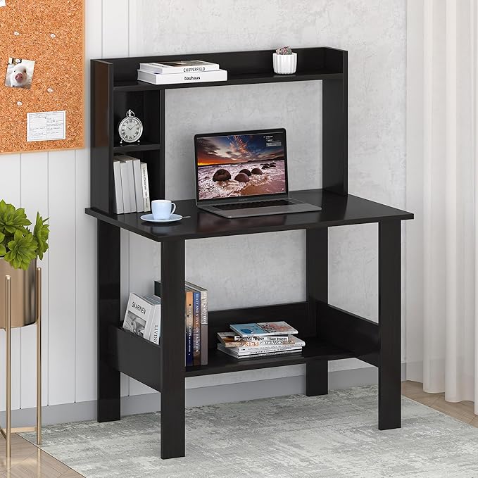 Callas Engineered Wood Study Table with Hutch & Bottom Storage | Computer, Laptop & Office Desk with Extra Storage for Home, Study & Workstation ( ST-40, Black )