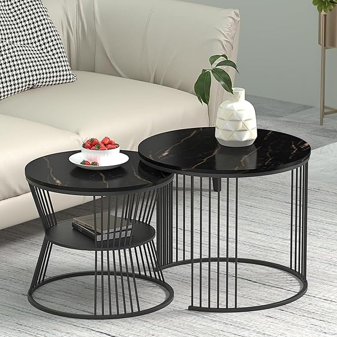 Callas Modern Nesting Coffee Table Set of 2 with Marble Finish Engineered Wood Top and Gold Metal Frame | Round Living Room Center Table for Sofa Side Home Decor | Pre-Assembled (Black, CT-03)