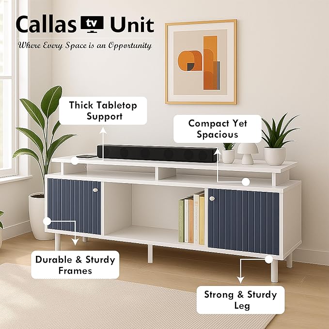 Callas Engineered Wood TV Entertainment Unit for Living Room | Modern TV Cabinet with Shelves & Storage (Blue, TV-22)