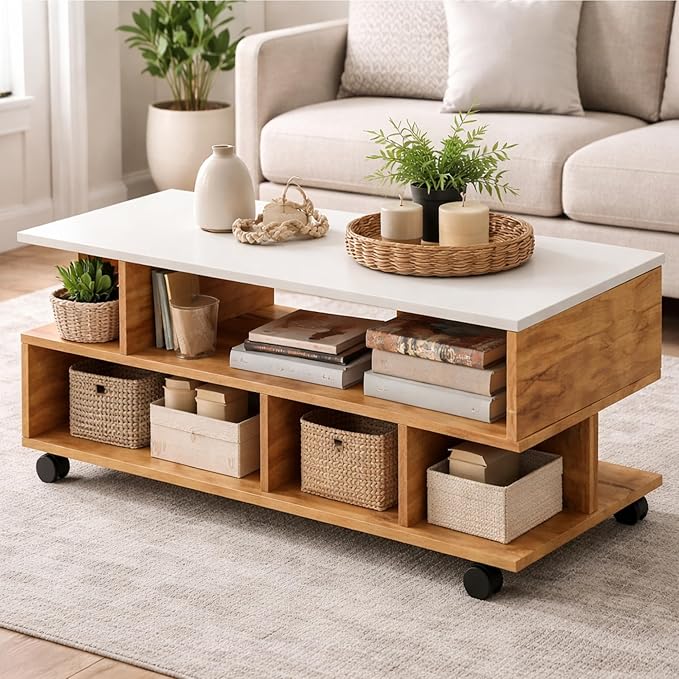 Callas Coffee Table with Multi-Purpose Storage, Wood, Walnut and Natural Finish,Modern Style (Walnut, CT-22-Wheel)