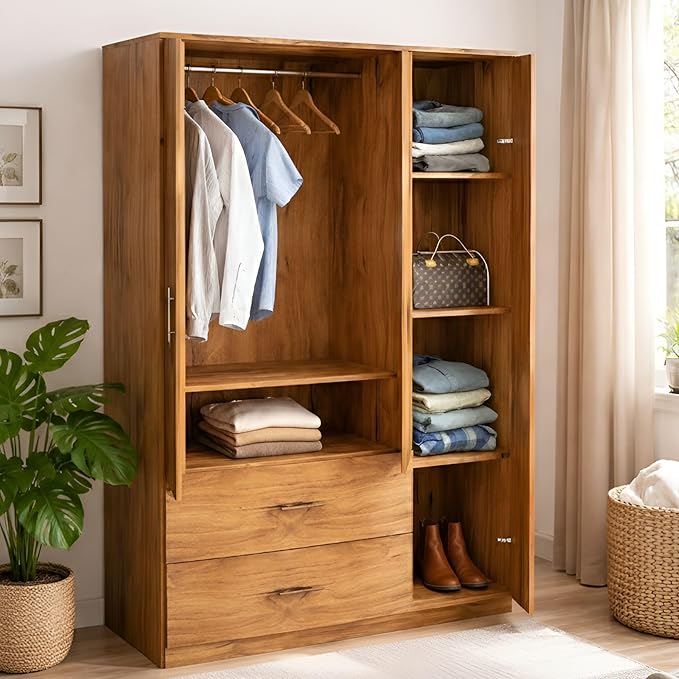 Callas Estoria 3 Door Wooden Wardrobe with 2 Large Drawers | Spacious Hanging Section | Multi-Utility Side Shelves | Engineered Wood Almirah for Bedroom (Walnut, Estoria-3)