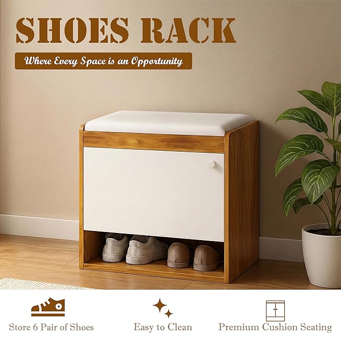 Callas Shoe Rack Storage Bench, Holds 6 Pairs, 3-Tier Rack with Cushion Seat and Closed Cabinet (Brown, SR-16)