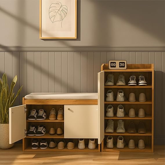 Callas Shoe Rack Storage Bench, Holds 15 Pairs, 8-Tier Rack with Cushion Seat and Closed Cabinet (Brown, SR-19)
