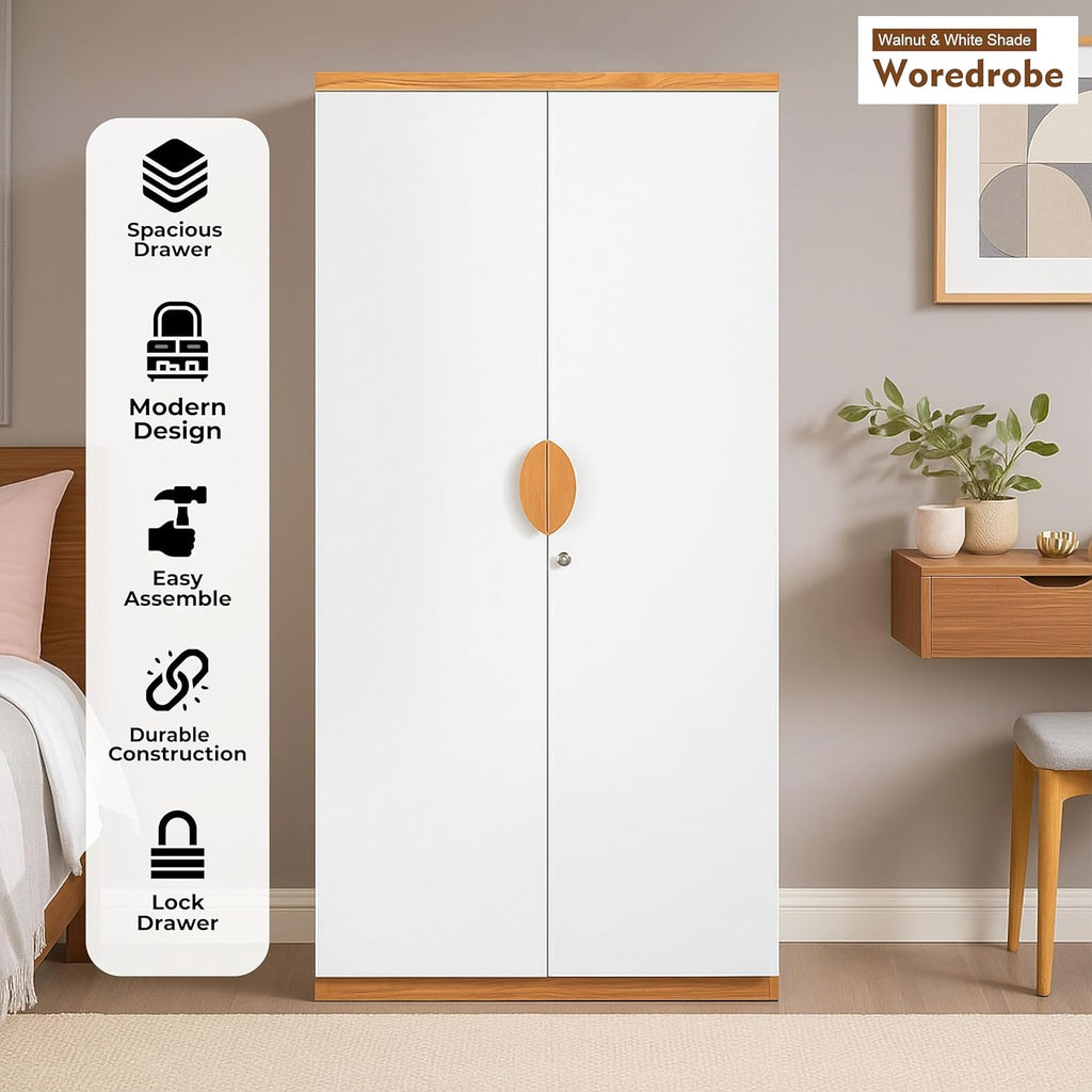 Callas 2 Door Engineered Wood Wardrobe | Modern Bedroom Storage Cabinet with Lock & Shelves | Compact Almirah for Clothes, Accessories & Home Organization (WD-01-Walnut)