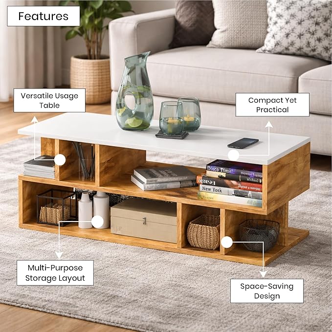 Callas Coffee Table with Multi-Purpose Storage, Wood, Walnut and Natural Finish,Modern Style (Walnut, CT-22)
