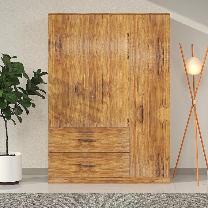 Callas Estoria 3 Door Wooden Wardrobe with 2 Large Drawers | Spacious Hanging Section | Multi-Utility Side Shelves | Engineered Wood Almirah for Bedroom (Walnut, Estoria-3)