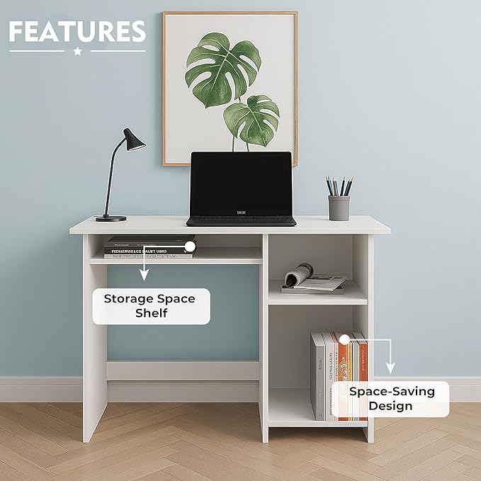 Callas Computer Desk with Keyboard Tray – Modern Small Writing & Laptop Table for Home Office, Bedroom, or Living Room – Space-Saving & Sturdy Design Table (ST-03-White)