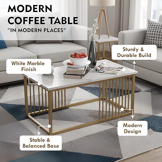 Callas Modern Coffee Table with White Marble Finish | Golden Metal Frame | Sturdy Build | Living Room Center Table