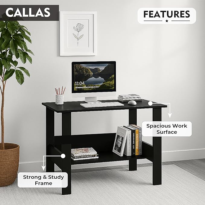 Callas Engineered Wooden Computer Desk for Home Office | Compact Laptop & Study Table | Small Writing Desk for Bedroom, Living Room (ST-09-Black)