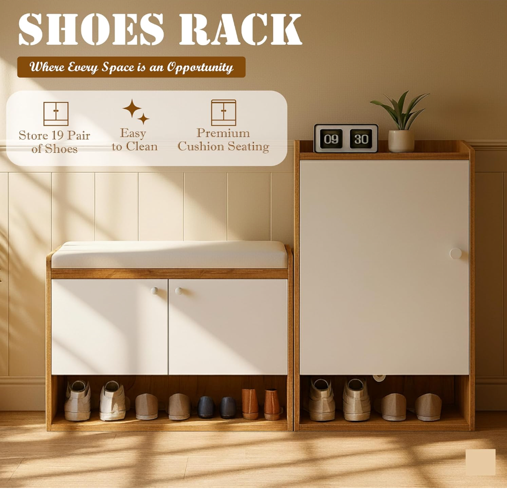 Callas Shoe Rack Storage Bench, Holds 19 Pairs, 8-Tier Rack with Cushion Seat and Closed Cabinet (Brown, SR-18)