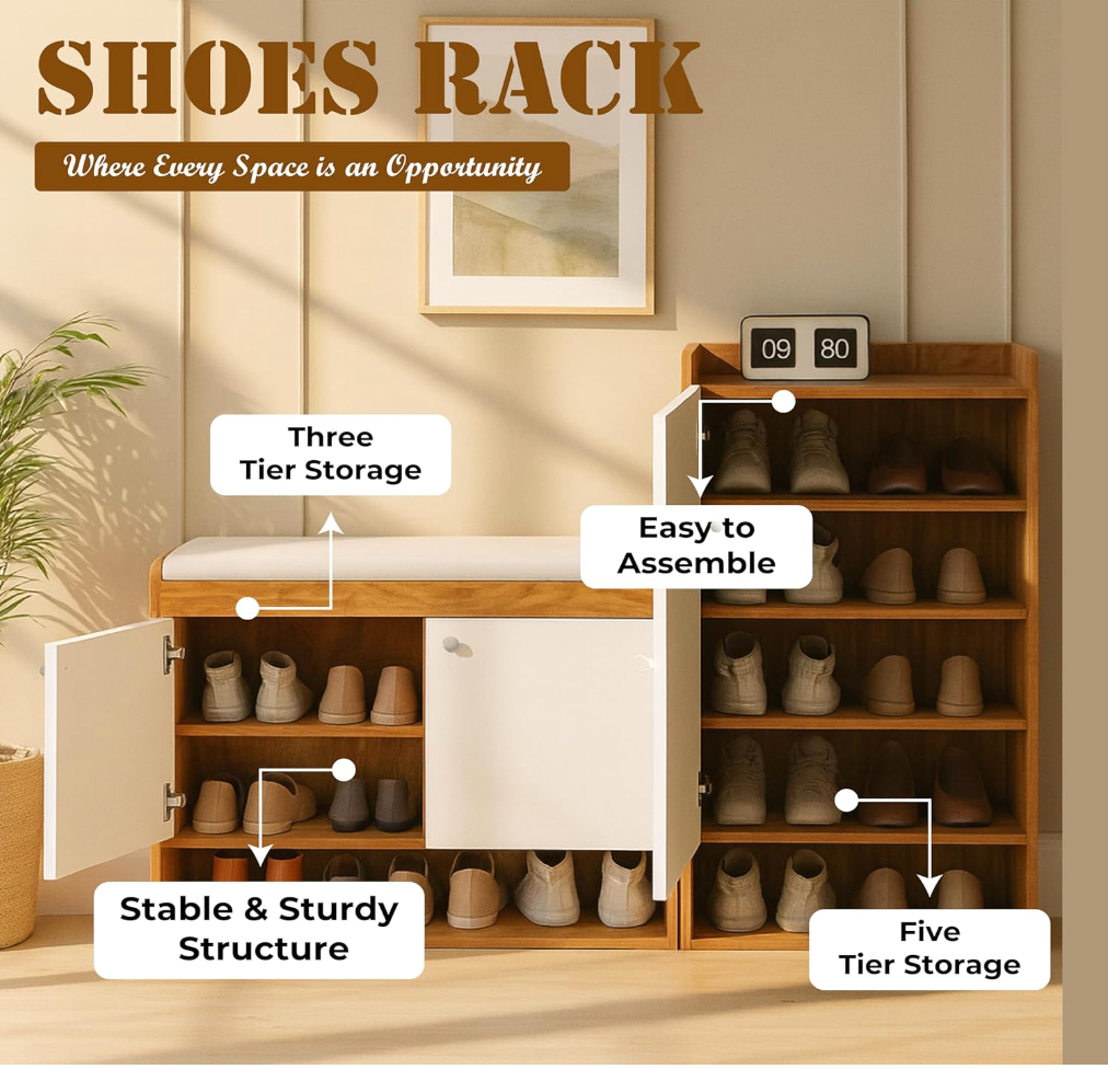 Callas Shoe Rack Storage Bench, Holds 19 Pairs, 8-Tier Rack with Cushion Seat and Closed Cabinet (Brown, SR-18)