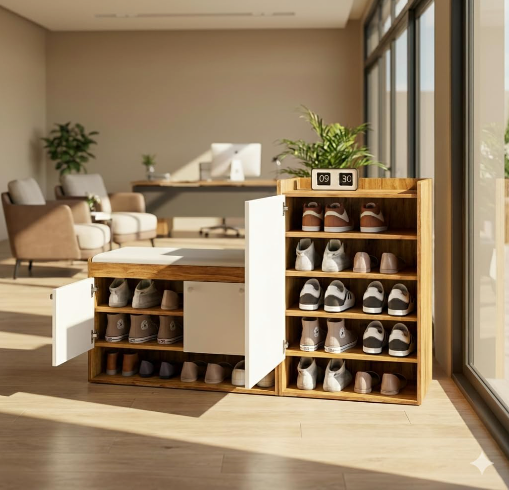 Callas Shoe Rack Storage Bench, Holds 19 Pairs, 8-Tier Rack with Cushion Seat and Closed Cabinet (Brown, SR-18)