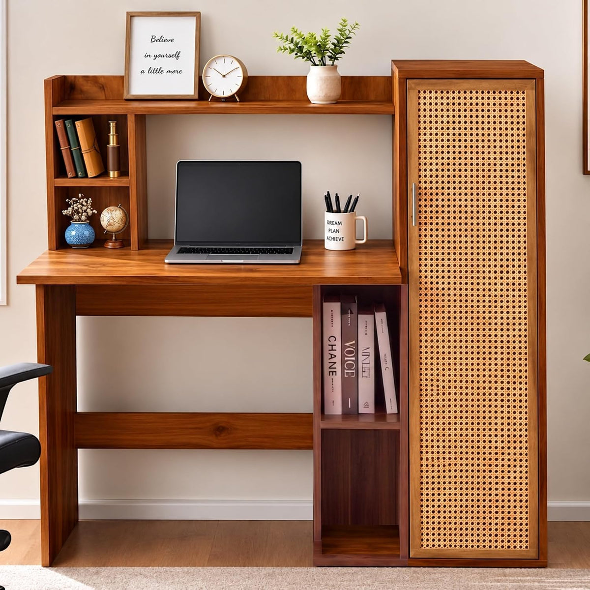 Callas Havana Study Desk with Rattan Door Storage Cabinet, Engineered Wood Computer Table for Home Office & Bedroom with 1 Year Warranty 123.5 x 50 x 123.5 cm - Walnut Finish (Free Installation)