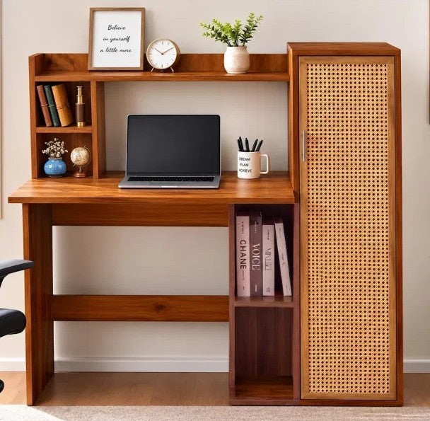 Callas Havana Study Desk with Rattan Door Storage Cabinet, Engineered Wood Computer Table for Home Office & Bedroom with 1 Year Warranty 123.5 x 50 x 123.5 cm - Walnut Finish (Free Installation)