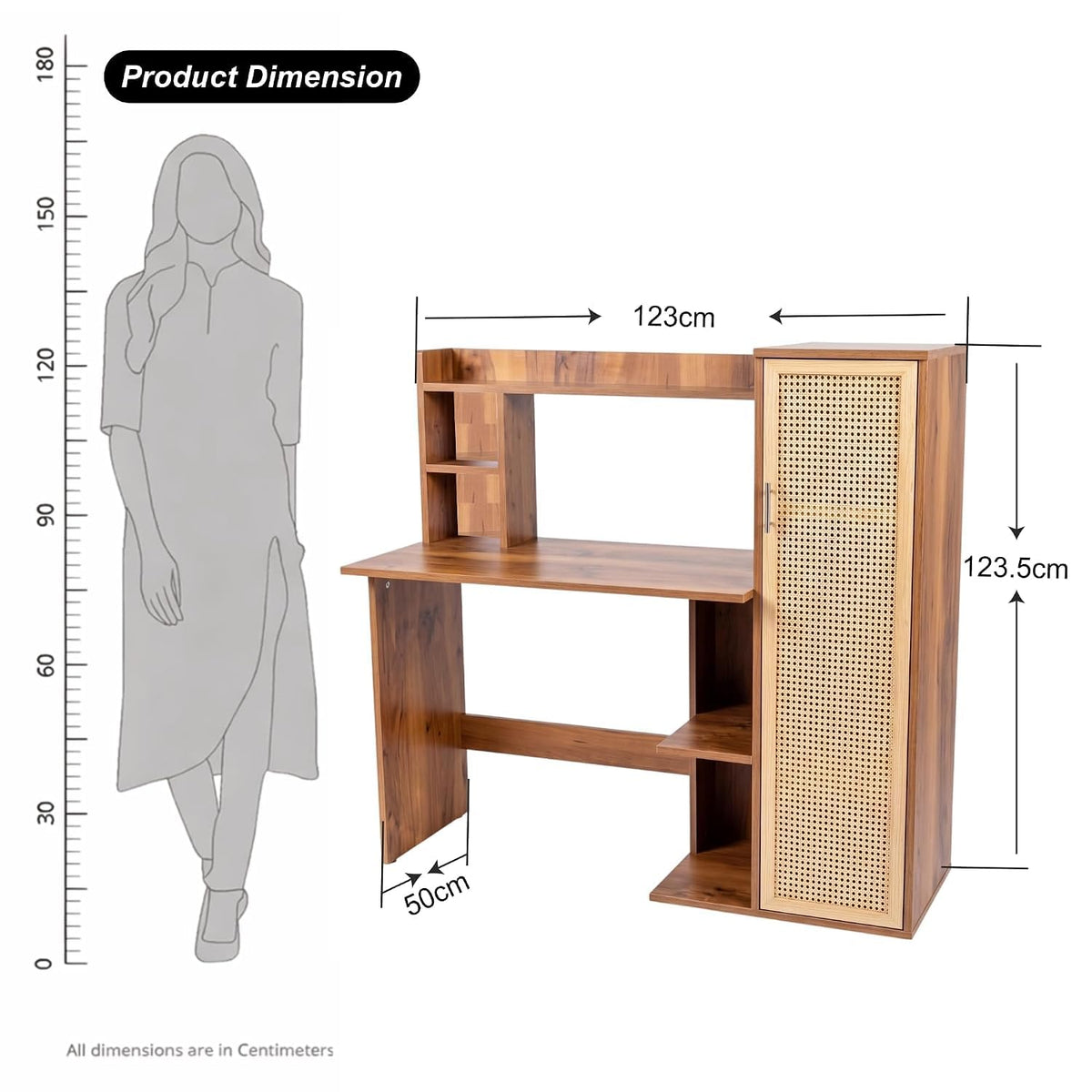 Callas Havana Study Desk with Rattan Door Storage Cabinet, Engineered Wood Computer Table for Home Office & Bedroom with 1 Year Warranty 123.5 x 50 x 123.5 cm - Walnut Finish (Free Installation)