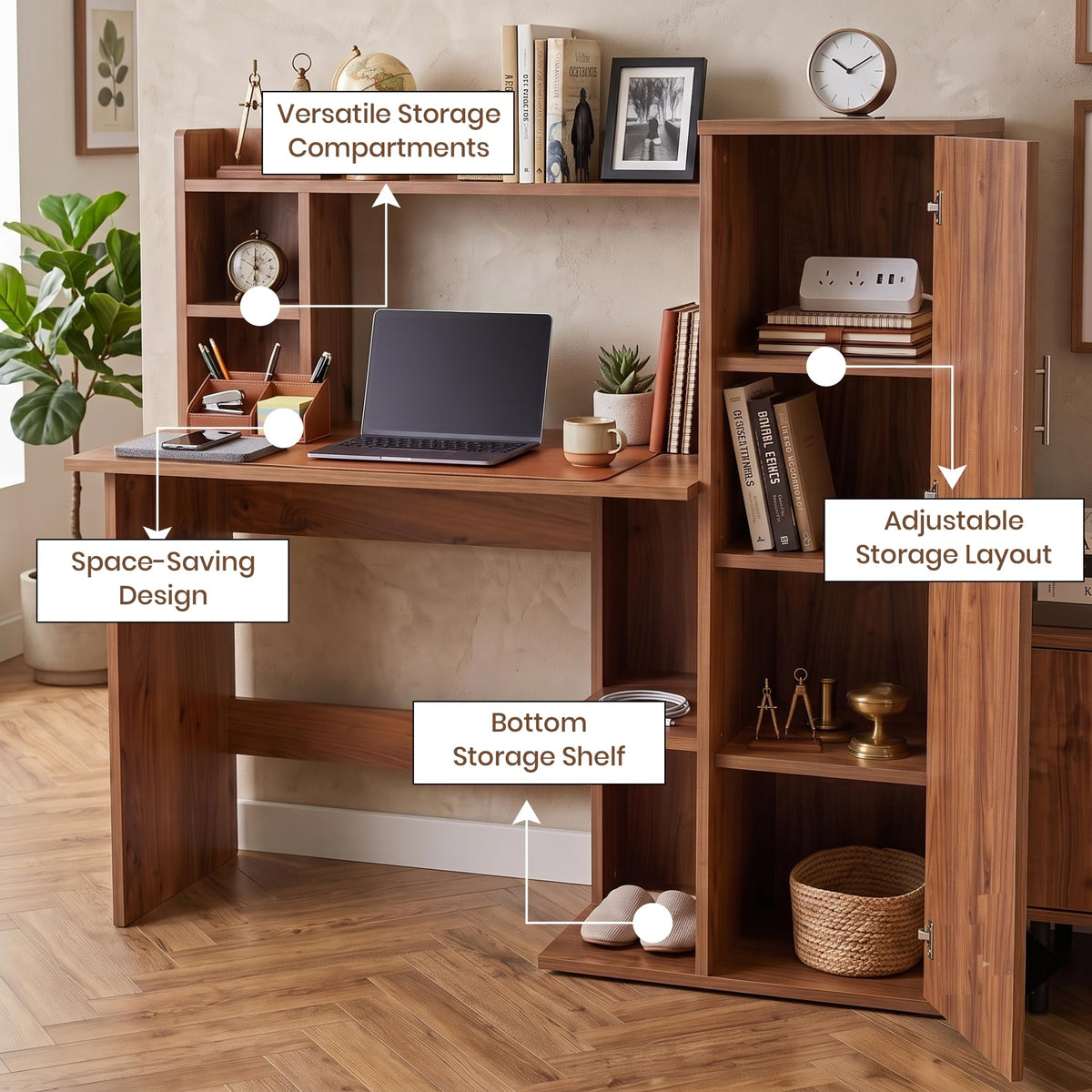 Callas Havana Study Desk with Door Storage Cabinet, Engineered Wood Computer Table for Home Office & Bedroom with 1 Year Warranty 123.5 x 50 x 123.5 cm - Walnut Finish (Free Installation)