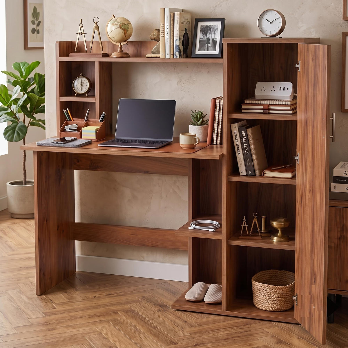 Callas Havana Study Desk with Door Storage Cabinet, Engineered Wood Computer Table for Home Office & Bedroom with 1 Year Warranty 123.5 x 50 x 123.5 cm - Walnut Finish (Free Installation)