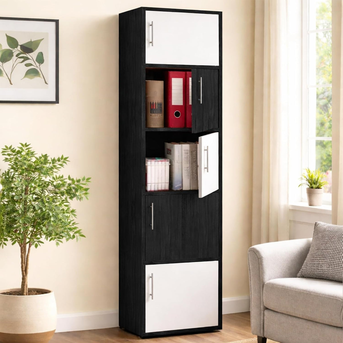 Callas Wooden Book Rack | Multi-Compartment Storage Cabinet | Space-Saving Vertical Bookshelf with Doors | Durable & Sturdy Organizer for Home & Office