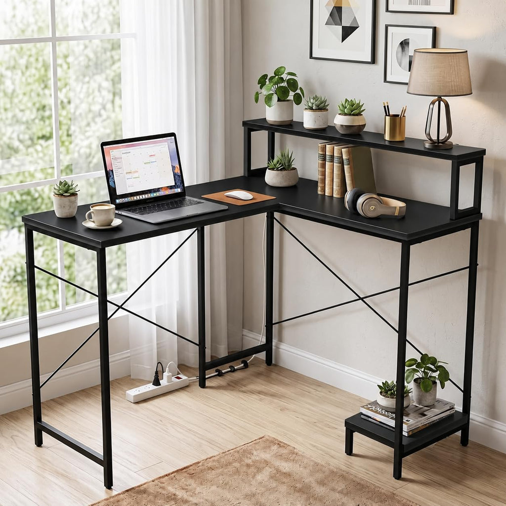 Callas Corvus L-Shaped Study Table with Storage Shelf, Engineered Wood Corner Computer Desk for Home Office with 1 Year Warranty, 110 x 124 x 94.5 - Black