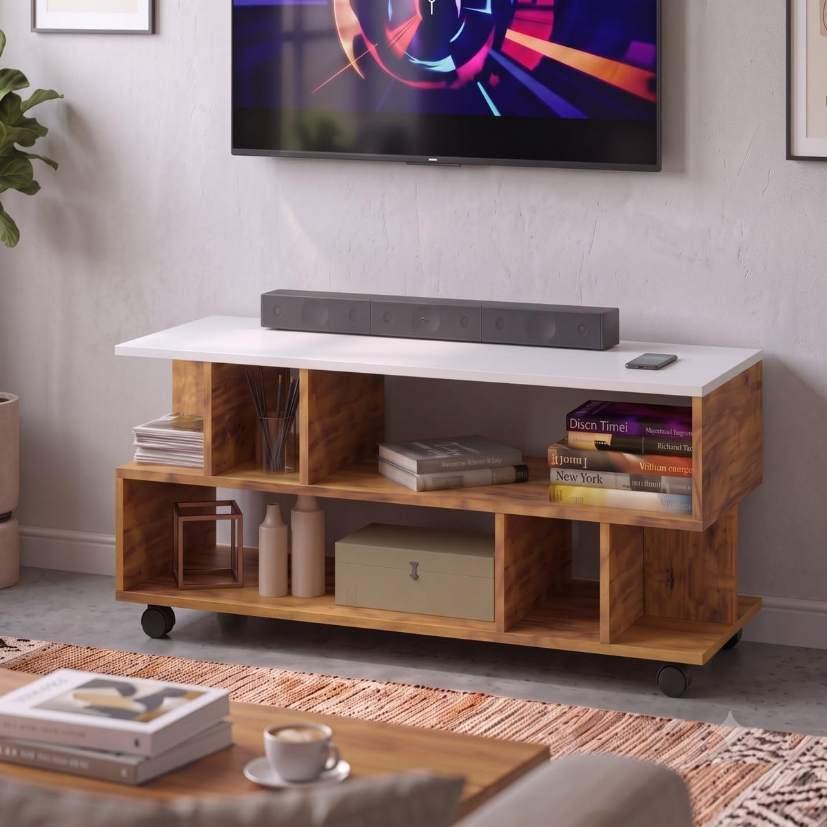 Callas Dune TV Stand with Wheel Open Storage Shelves, Engineered Wood Entertainment Unit for Living Room, White & Walnut, 101 x 40.5 x 41 cm, Model TV-09