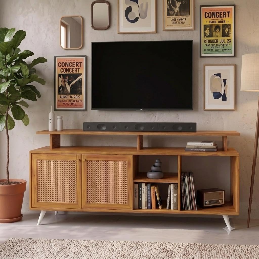 Callas TV Stand Rattan Door - Engineered Wood TV Showcase with Foot Pad Entertainment Console Shelf Storage for Set Top Box, Decor, Books for Living Room TV Unit Walnut