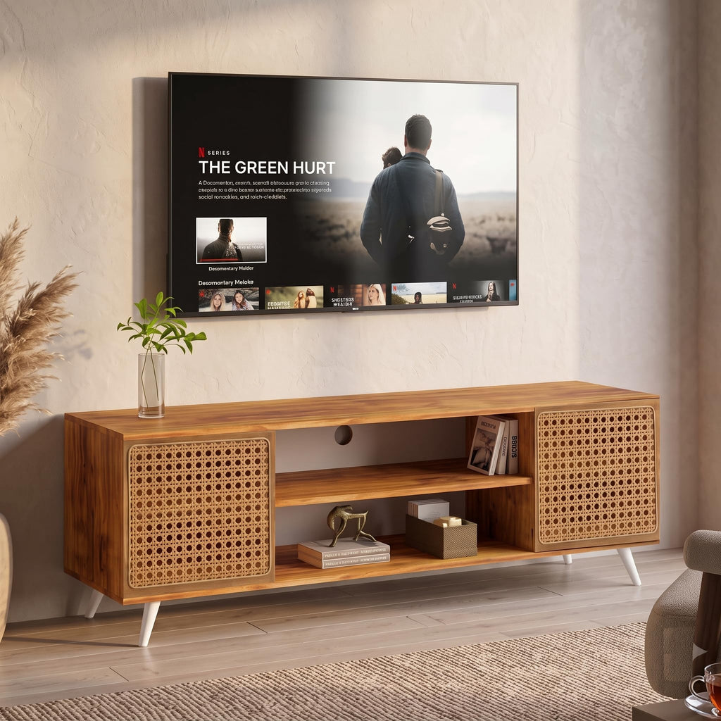 Callas TV Stand Rattan Door - Engineered Wood TV Showcase with Foot Pad Entertainment Console Shelf Storage for Set Top Box, Decor