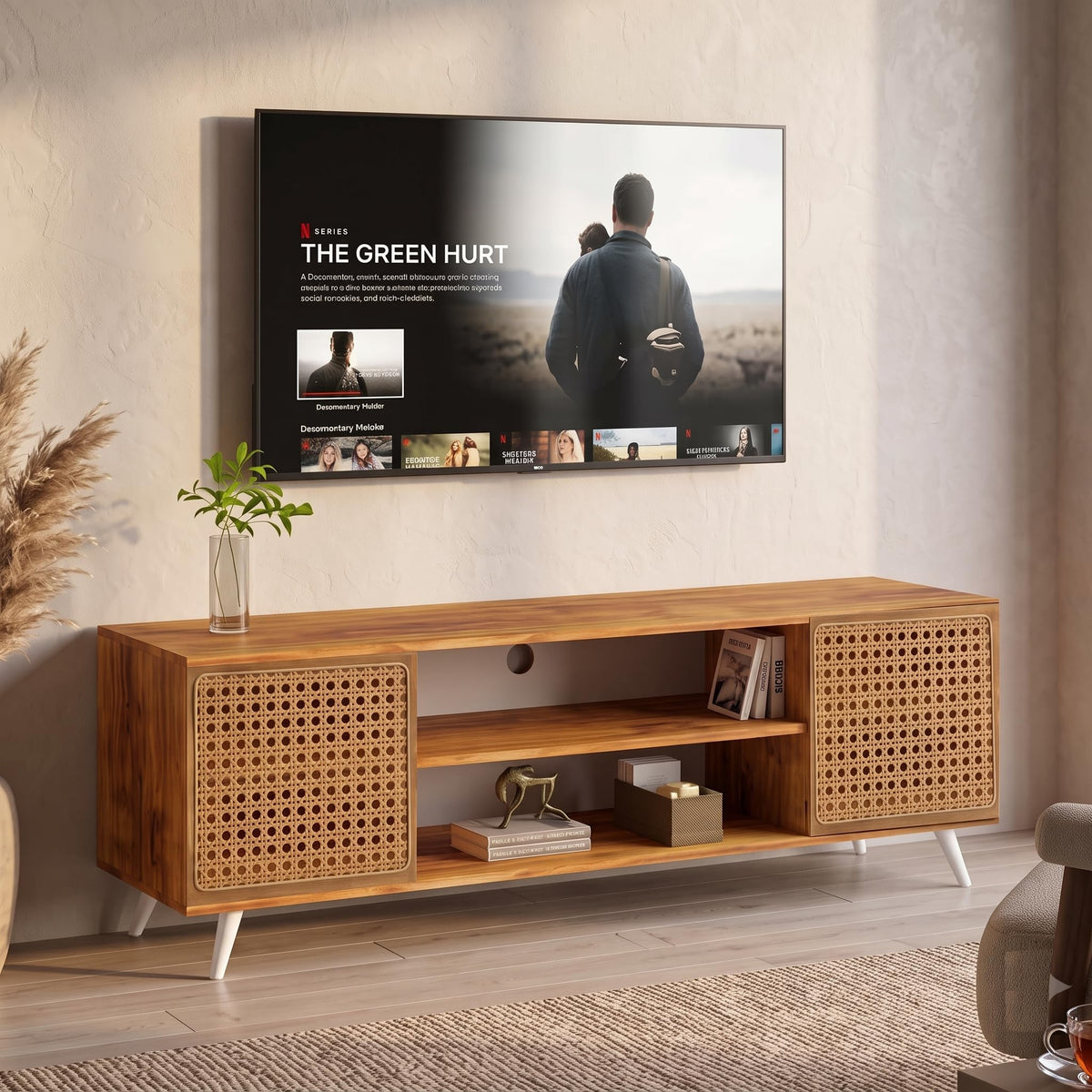 Callas TV Stand Rattan Door - Engineered Wood TV Showcase with Foot Pad Entertainment Console Shelf Storage for Set Top Box, Decor