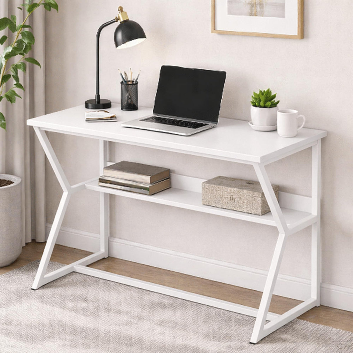 Callas DeskNest ST-30 Engineered Wood Study Table with Open Storage Shelf and Space-Saving Metal Frame for Home Office, Bedroom and Living Room, 120L x 59W x 75H cm - White