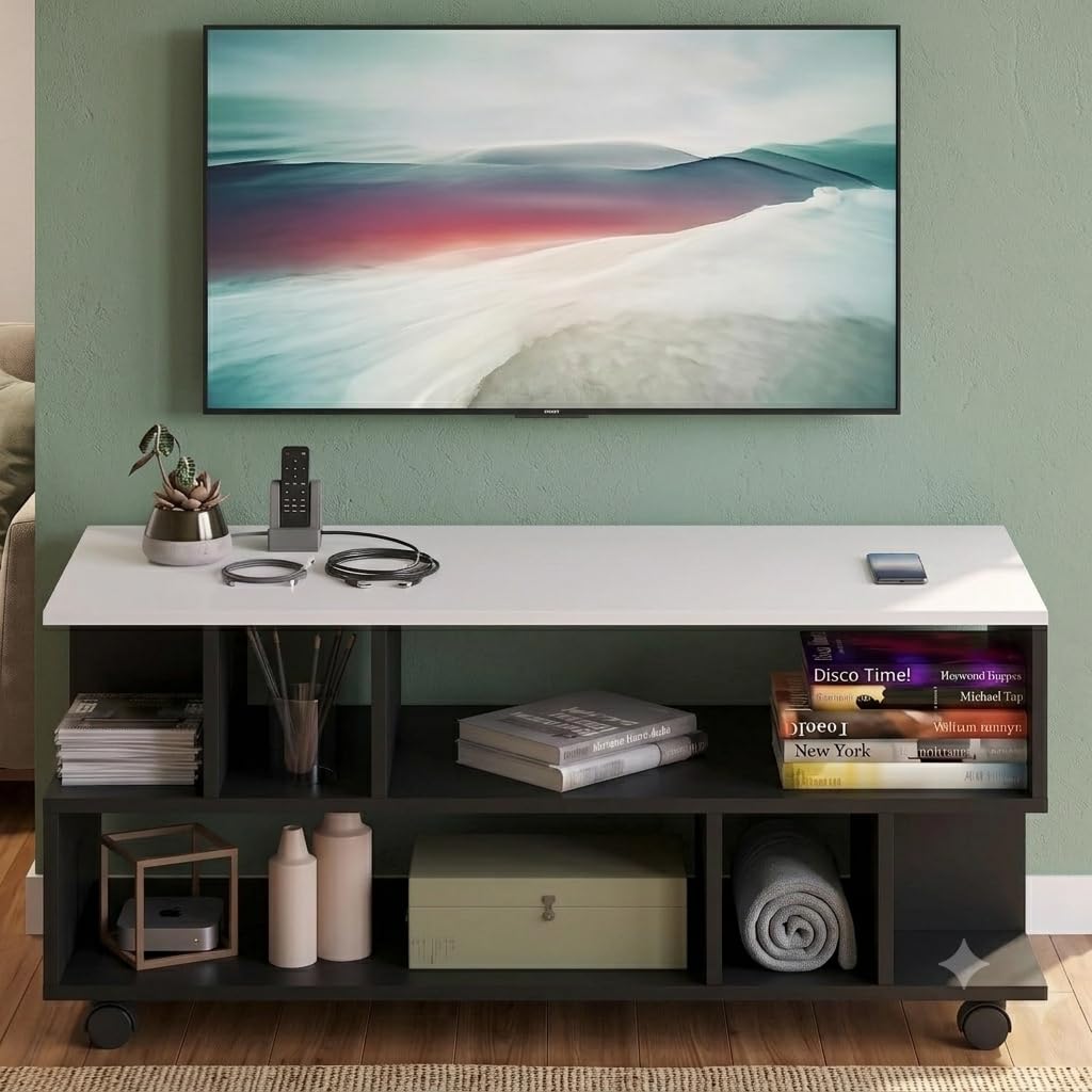 Callas Dune TV Stand with Wheel Open Storage Shelves, Engineered Wood Entertainment Unit for Living Room, White & Black, 101 x 40.5 x 41 cm, Model TV-09