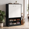 Callas Wooden Shoe Rack Cabinet with 2 Doors, Open Shelves with 18 Pair Space| Walnut Brown and White