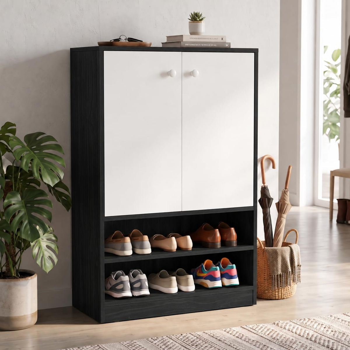 Callas Wooden Shoe Rack Cabinet with 2 Doors, Open Shelves with 18 Pair Space| Walnut Brown and White