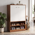 Callas Wooden Shoe Rack Cabinet with 2 Doors, Open Shelves with 18 Pair Space | Walnut Brown and White
