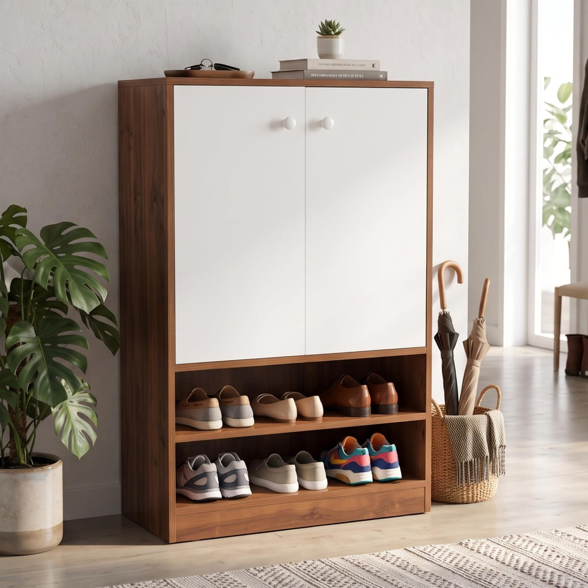 Callas Wooden Shoe Rack Cabinet with 2 Doors, Open Shelves with 18 Pair Space | Walnut Brown and White