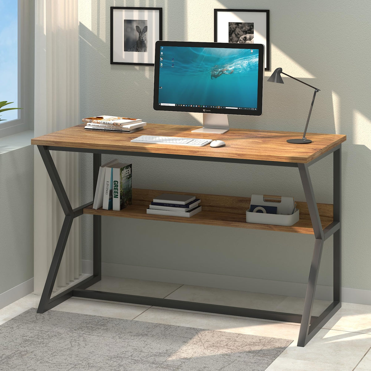 Callas DeskNest ST-30 Engineered Wood Study Table with Open Storage Shelf and Space-Saving Metal Frame for Home Office, Bedroom and Living Room, 120L x 59W x 75H cm - Walnut