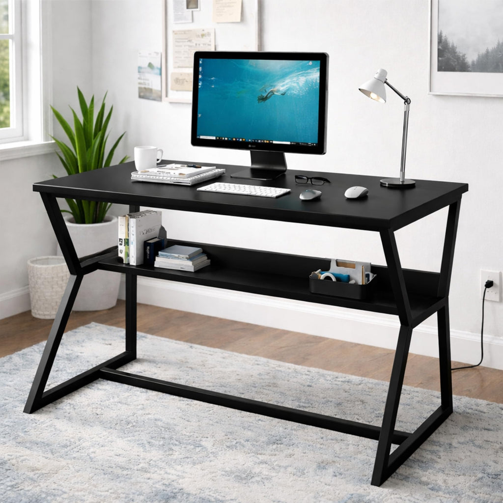 Callas DeskLite ST-31 Engineered Wood Study Table with Open Storage Shelf and Space-Saving Metal Frame for Home Office, Bedroom and Living Room, 120L x 59W x 75H cm - Black