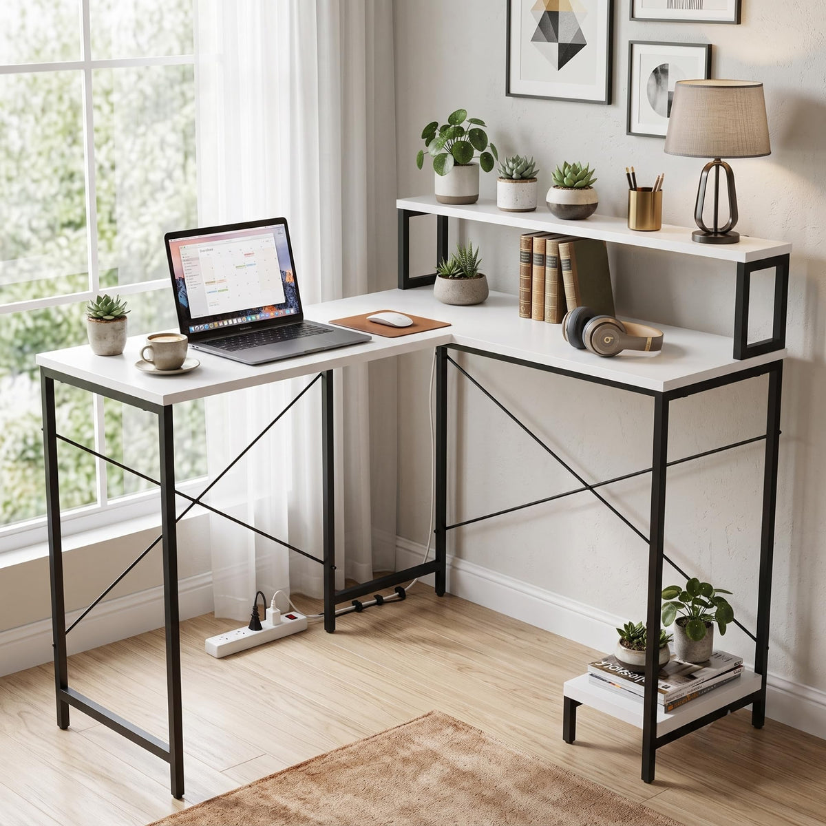 Callas Corvus L-Shaped Study Table with Storage Shelf, Engineered Wood Corner Computer Desk for Home Office with 1 Year Warranty, 110 x 124 x 94.5 - White