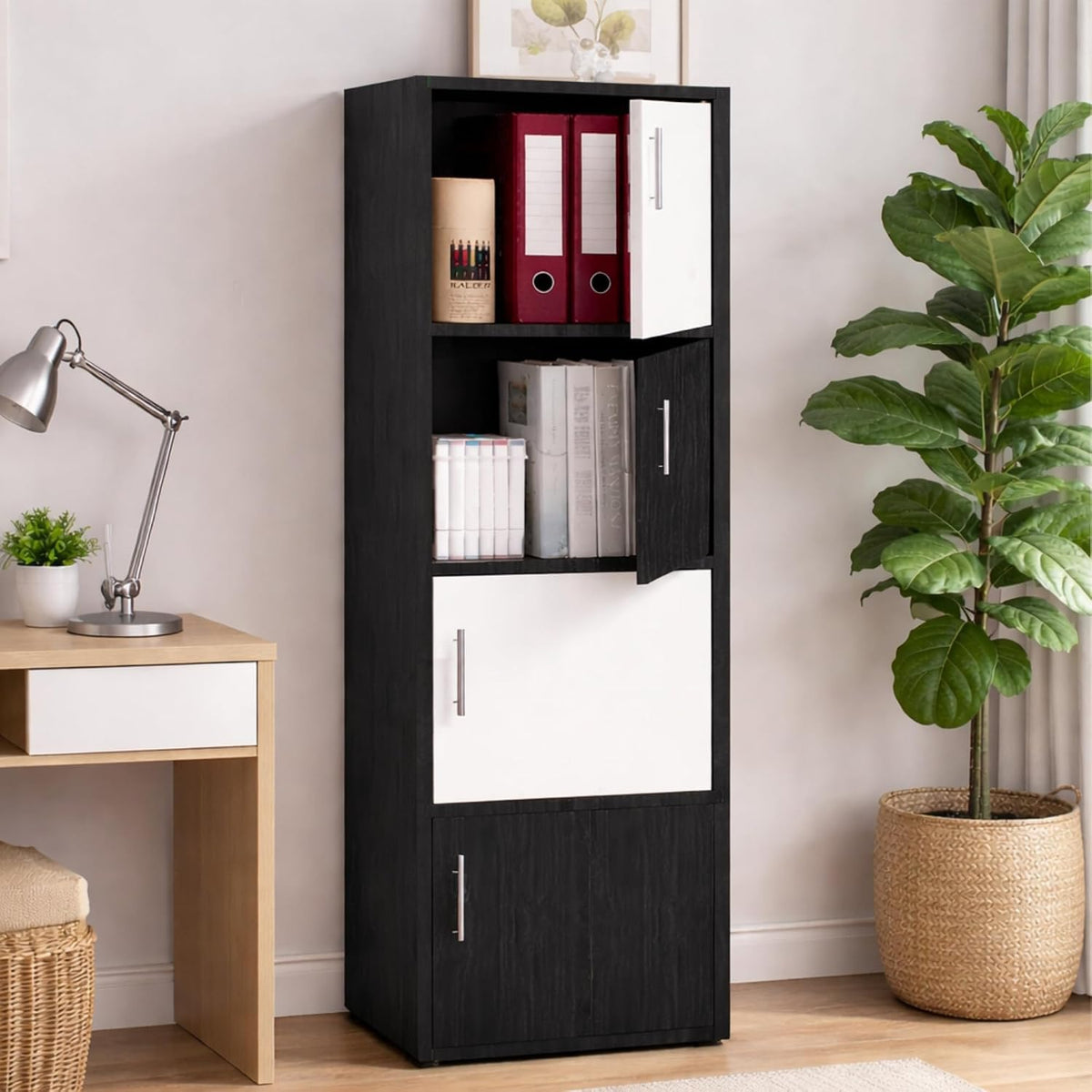 Callas Wooden Book Rack | Multi-Compartment Storage Cabinet | Space-Saving Vertical Bookshelf with Doors | Durable & Sturdy Organizer for Home & Office