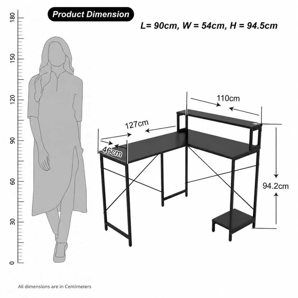Callas Corvus L-Shaped Study Table with Storage Shelf, Engineered Wood Corner Computer Desk for Home Office with 1 Year Warranty, 110 x 124 x 94.5 - Black