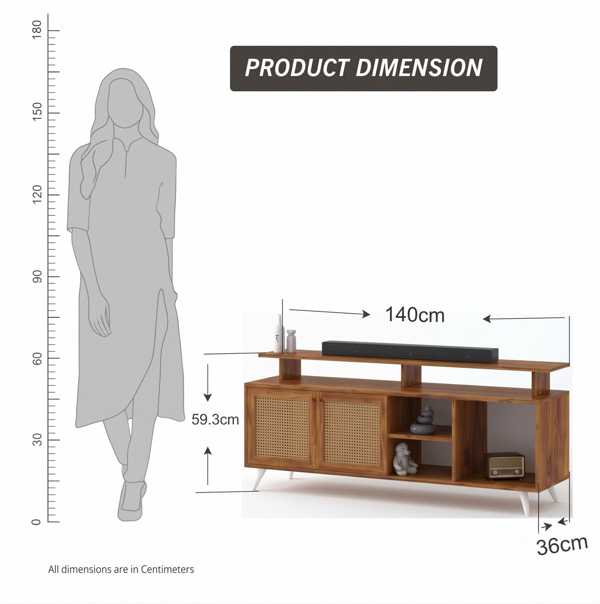Callas TV Stand Rattan Door - Engineered Wood TV Showcase with Foot Pad Entertainment Console Shelf Storage for Set Top Box, Decor, Books for Living Room TV Unit Walnut