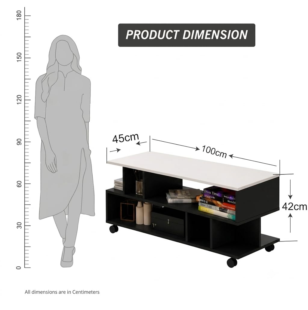 Callas Dune TV Stand with Wheel Open Storage Shelves, Engineered Wood Entertainment Unit for Living Room, White & Black, 101 x 40.5 x 41 cm, Model TV-09