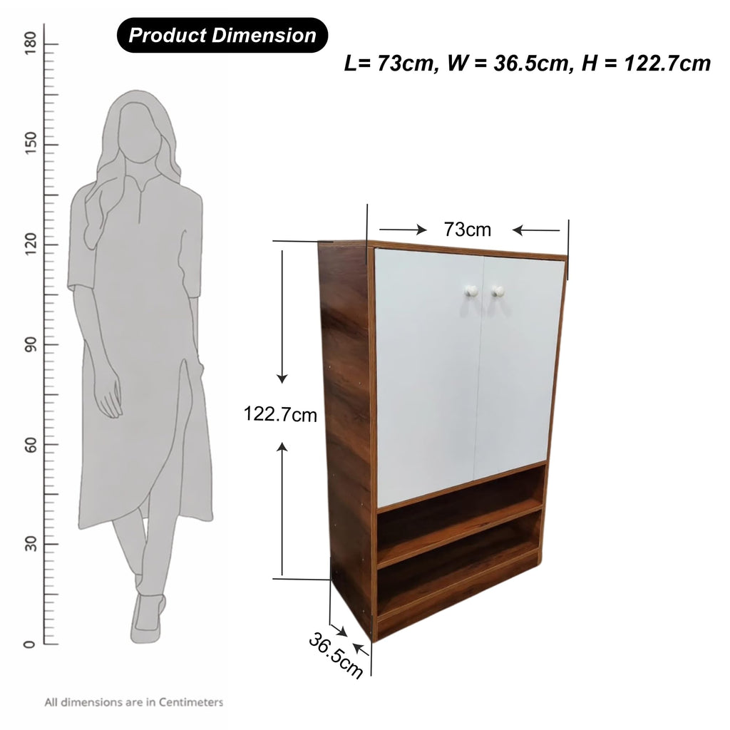 Callas Wooden Shoe Rack Cabinet with 2 Doors, Open Shelves with 18 Pair Space | Walnut Brown and White