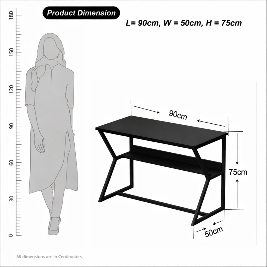 Callas DeskNest ST-30 Engineered Wood Study Table with Open Storage Shelf and Space-Saving Metal Frame for Home Office, Bedroom and Living Room, 120L x 59W x 75H cm - Black