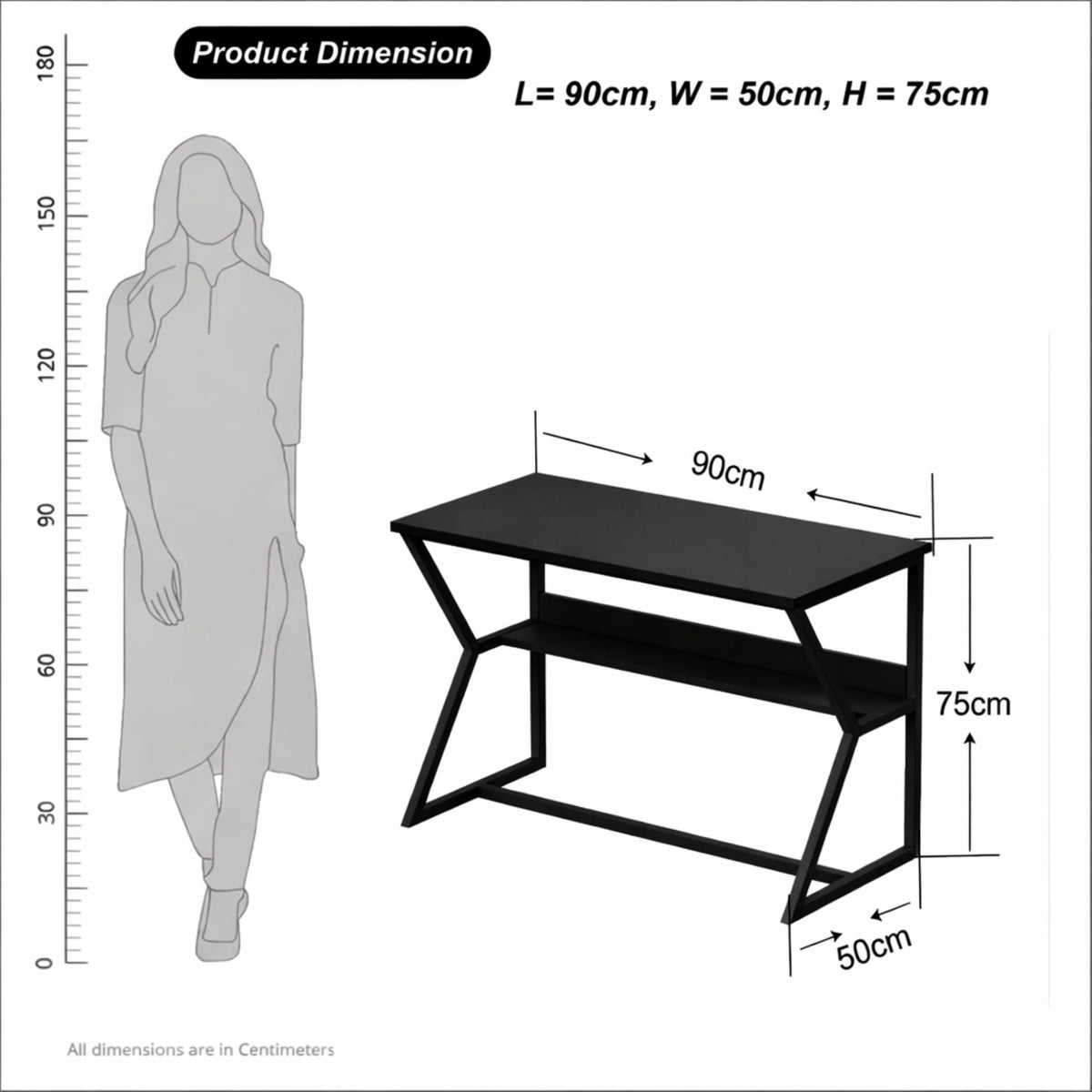 Callas DeskNest ST-30 Engineered Wood Study Table with Open Storage Shelf and Space-Saving Metal Frame for Home Office, Bedroom and Living Room, 120L x 59W x 75H cm - Black