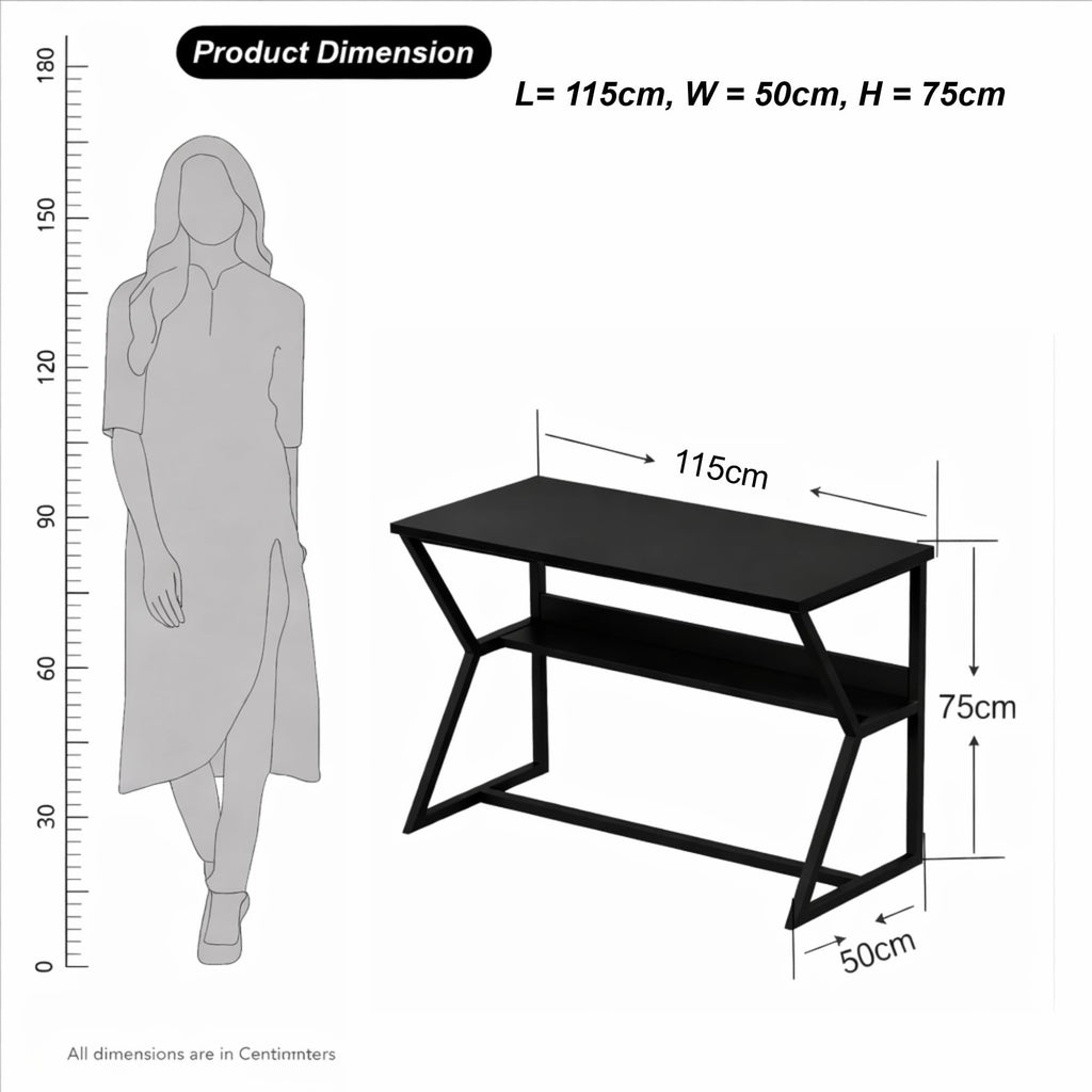 Callas DeskLite ST-31 Engineered Wood Study Table with Open Storage Shelf and Space-Saving Metal Frame for Home Office, Bedroom and Living Room, 120L x 59W x 75H cm - Black