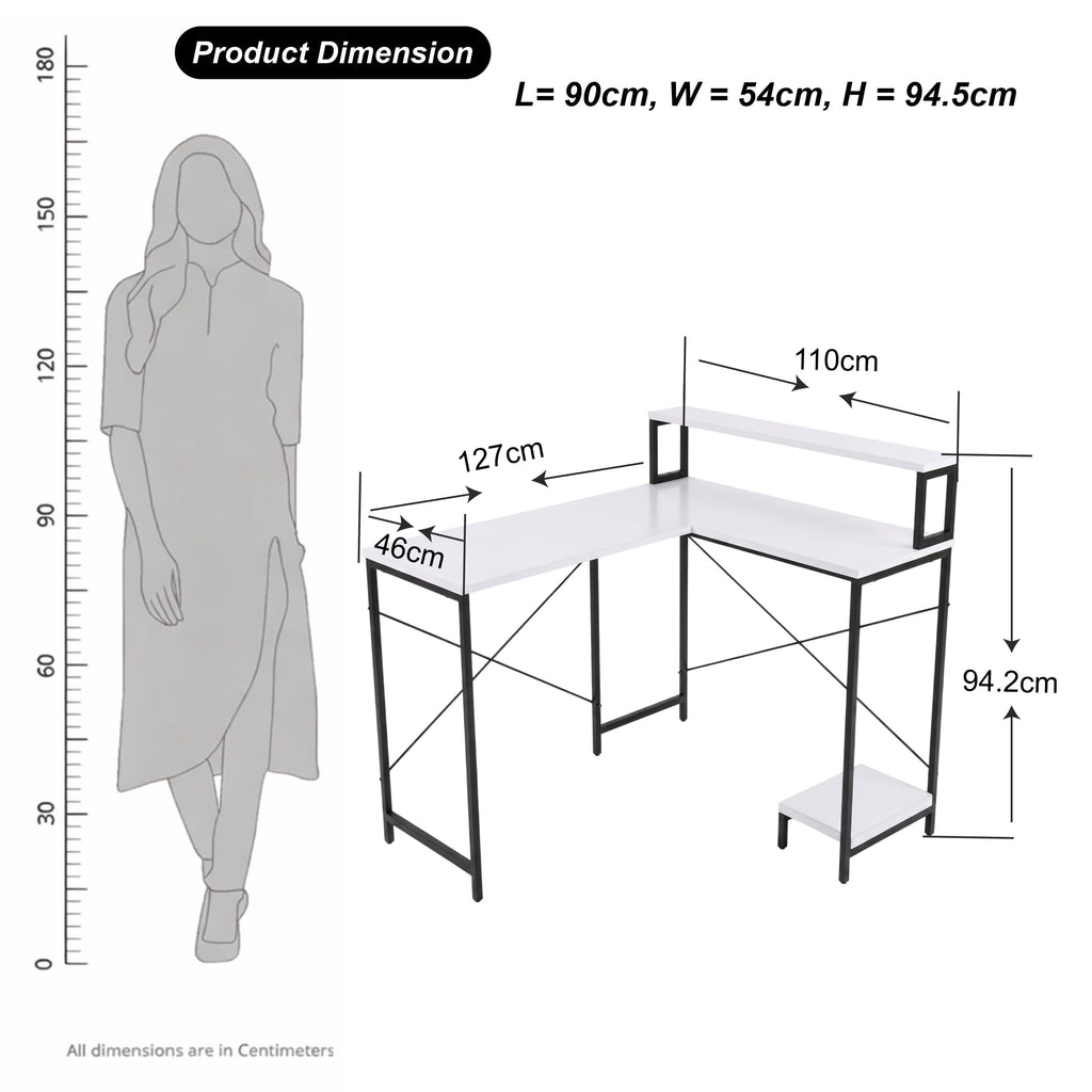 Callas Corvus L-Shaped Study Table with Storage Shelf, Engineered Wood Corner Computer Desk for Home Office with 1 Year Warranty, 110 x 124 x 94.5 - White