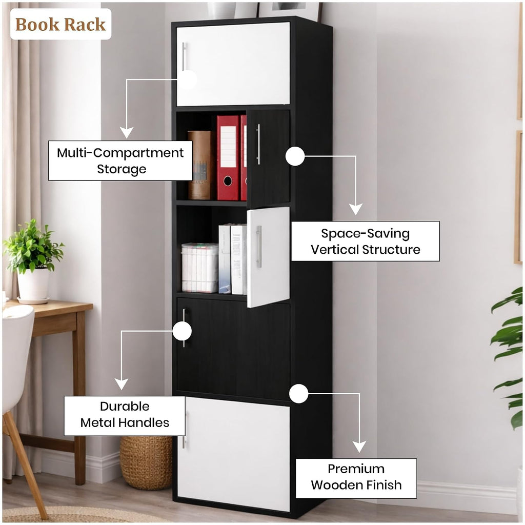 Callas Wooden Book Rack | Multi-Compartment Storage Cabinet | Space-Saving Vertical Bookshelf with Doors | Durable & Sturdy Organizer for Home & Office