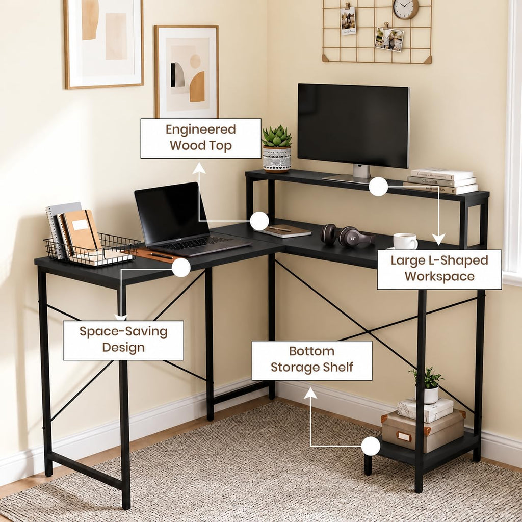 Callas Corvus L-Shaped Study Table with Storage Shelf, Engineered Wood Corner Computer Desk for Home Office with 1 Year Warranty, 110 x 124 x 94.5 - Black