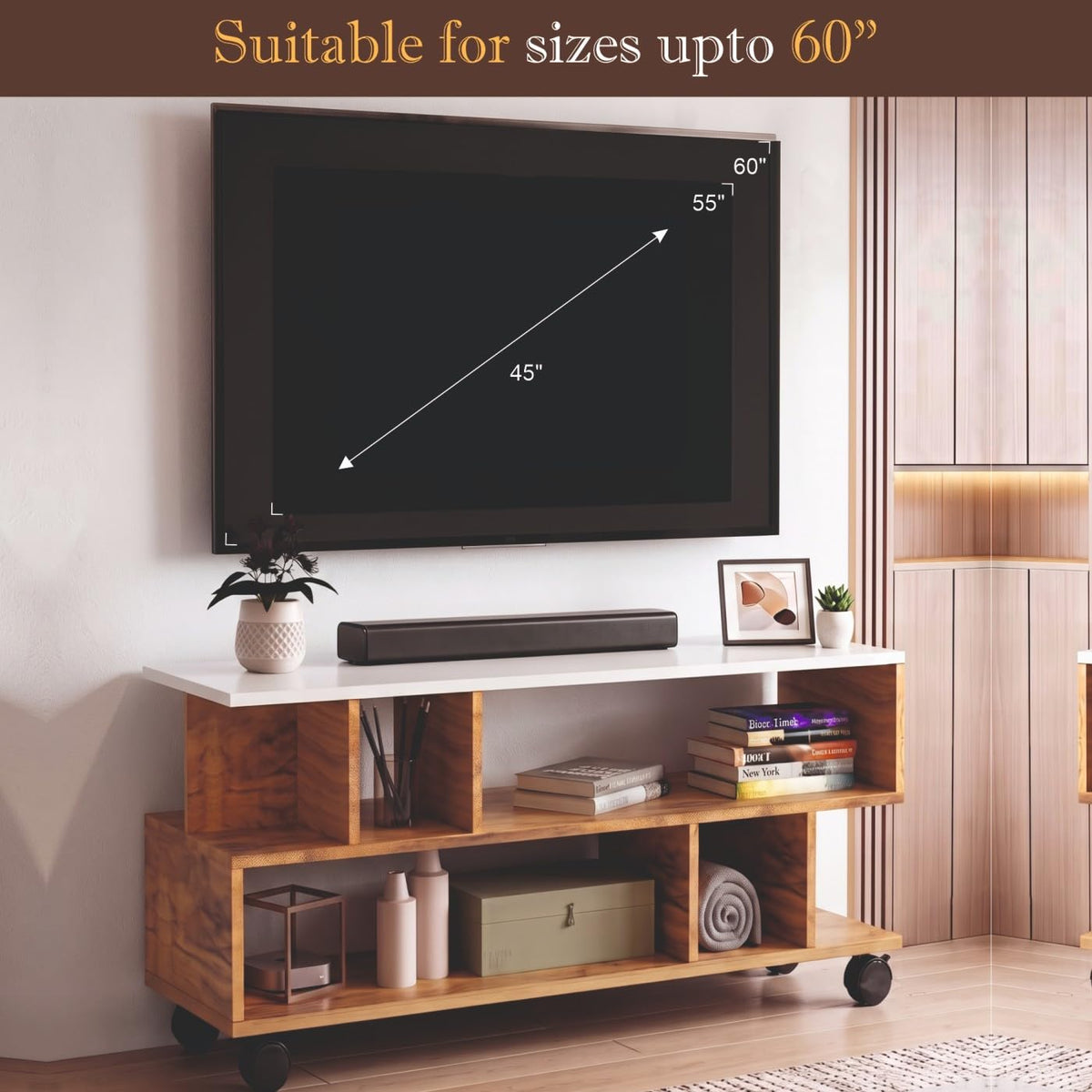 Callas Dune TV Stand with Wheel Open Storage Shelves, Engineered Wood Entertainment Unit for Living Room, White & Walnut, 101 x 40.5 x 41 cm, Model TV-09