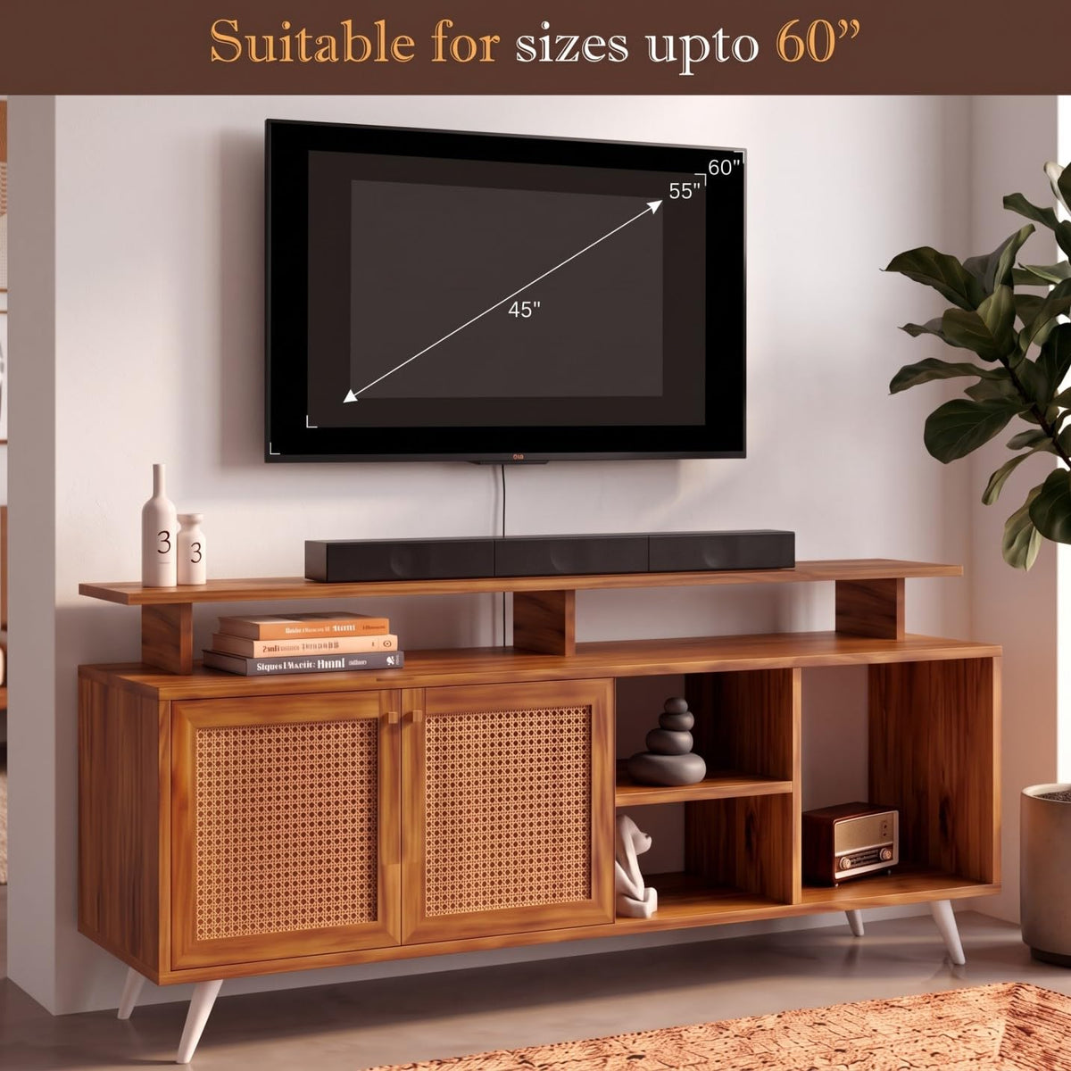Callas TV Stand Rattan Door - Engineered Wood TV Showcase with Foot Pad Entertainment Console Shelf Storage for Set Top Box, Decor, Books for Living Room TV Unit Walnut