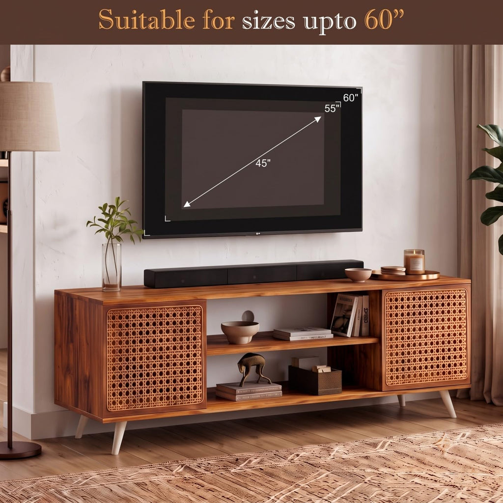 Callas TV Stand Rattan Door - Engineered Wood TV Showcase with Foot Pad Entertainment Console Shelf Storage for Set Top Box, Decor